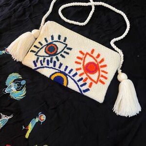 Embroidered Eye Motif Cream Crossbody Bag